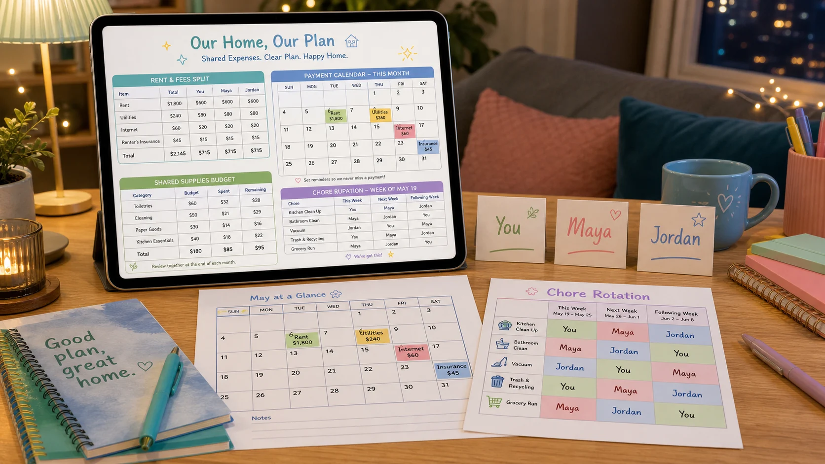 Roommate expense split table, payment calendar, supplies budget, and chore rotation result screen