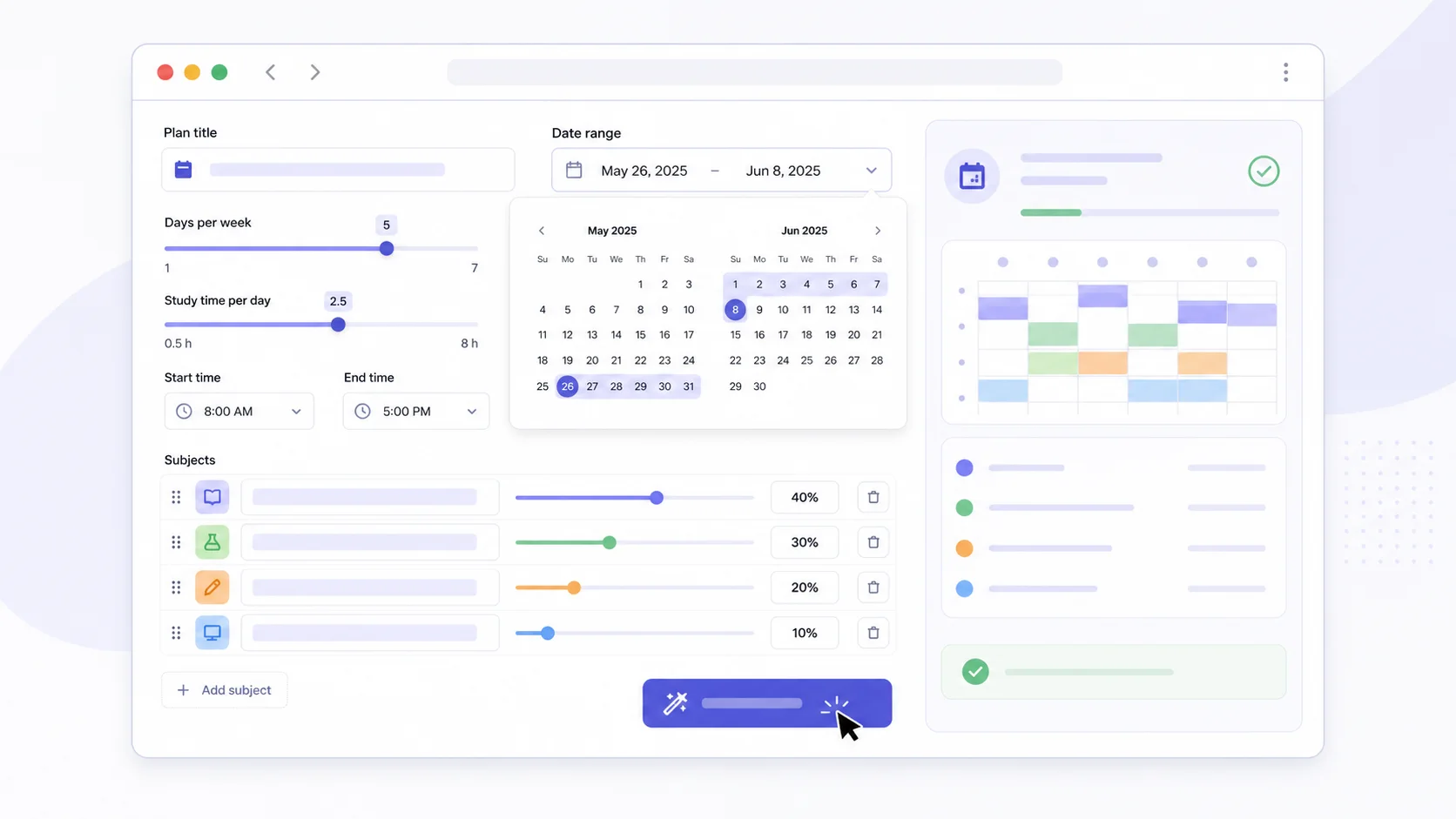 A clean form interface showing date pickers, sliders, and input fields being filled in