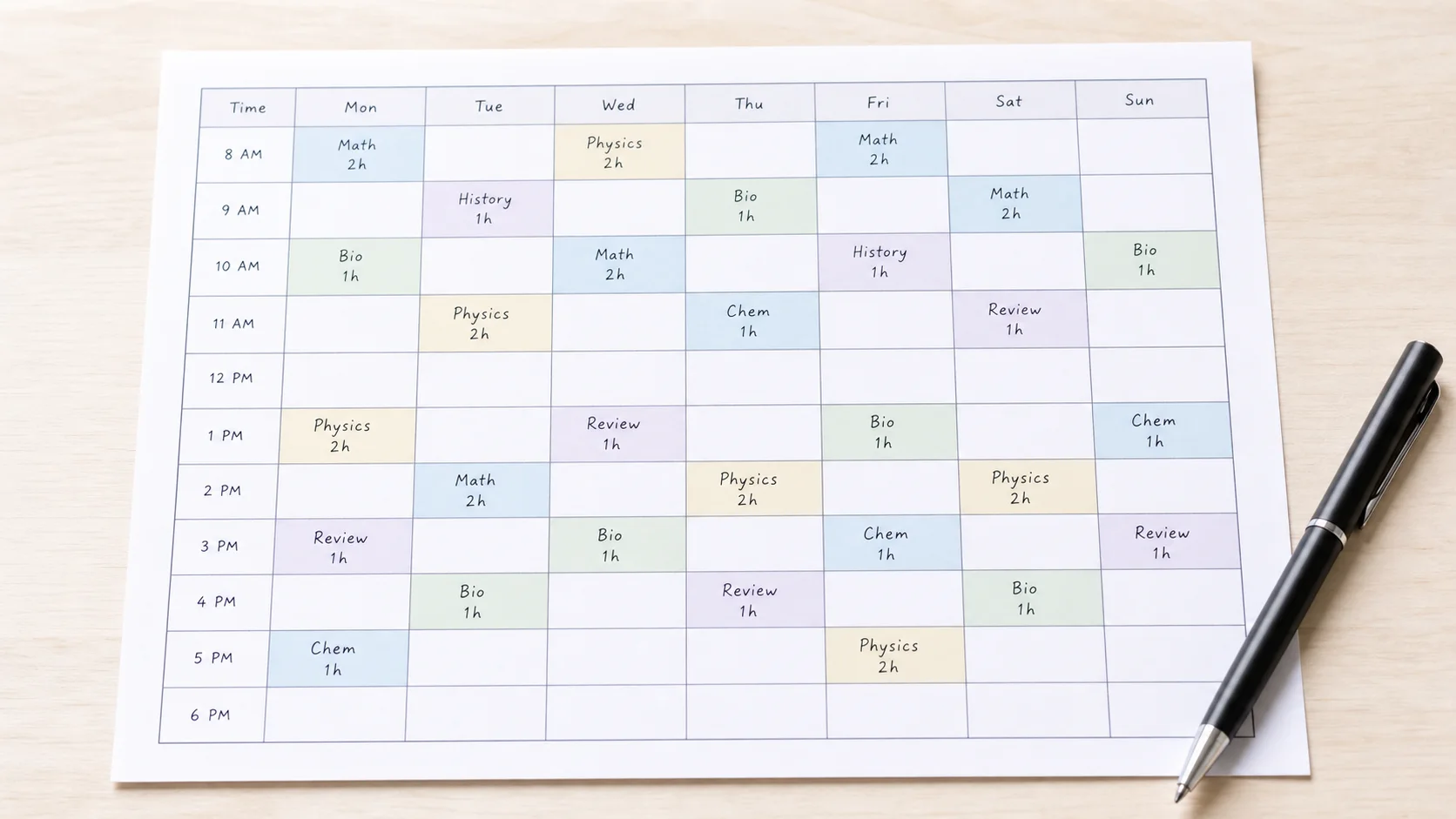 A printed weekly calendar grid on a desk with subject names and hour counts in each day cell