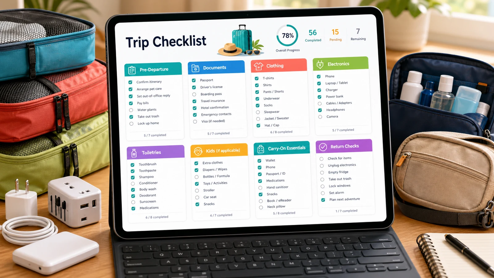 Travel Packing and Trip Checklist Planner result with grouped travel checklist cards