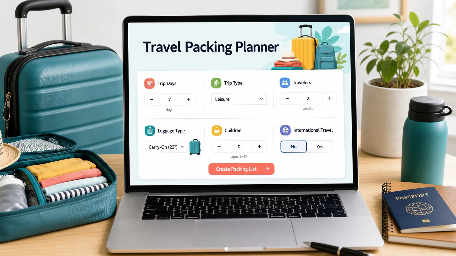Travel Packing and Trip Checklist Planner input screen with trip days, trip type, travelers, luggage type, children, and international travel