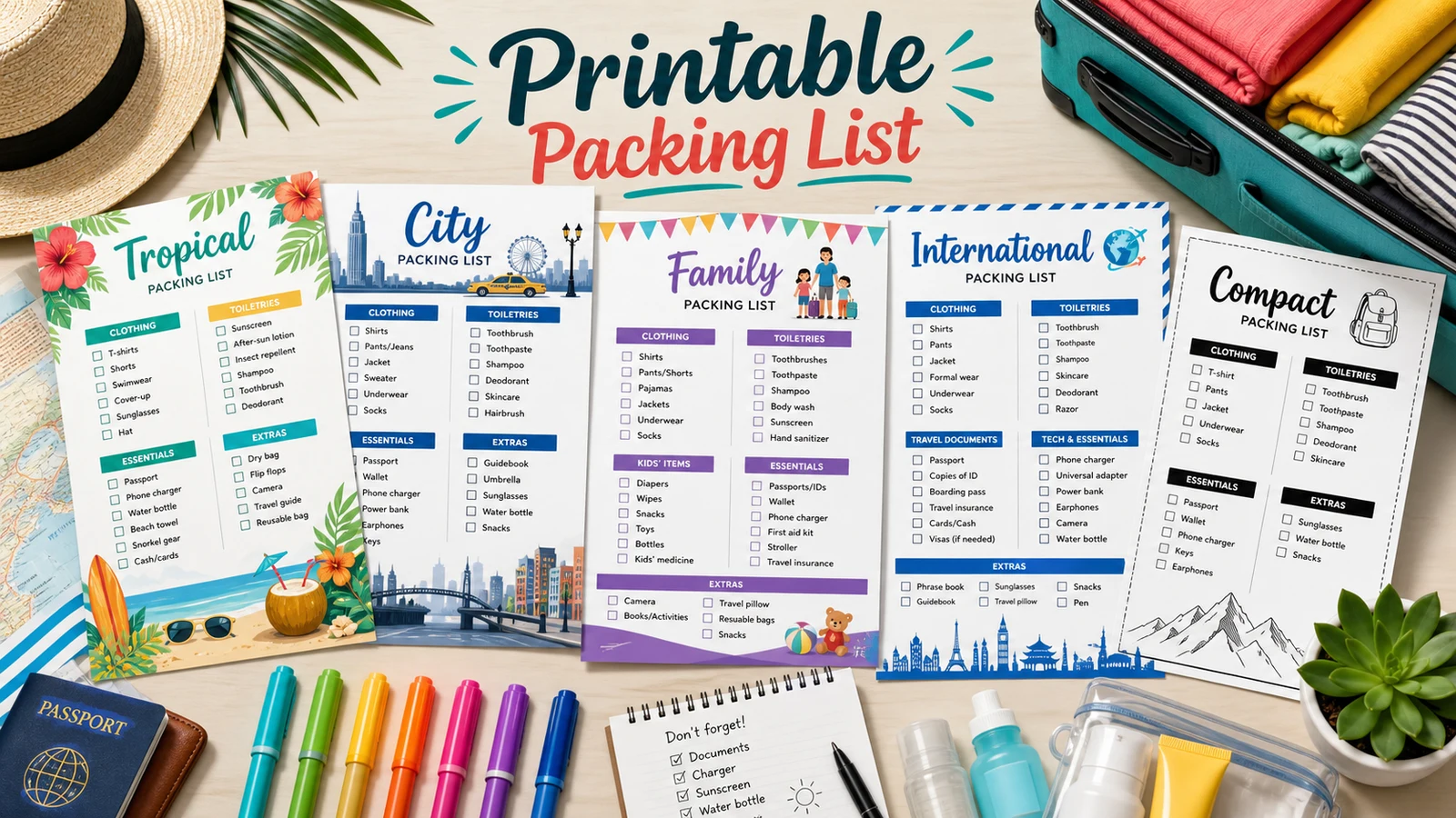Printable Travel Packing and Trip Checklist Planner pages with colorful packing list styles