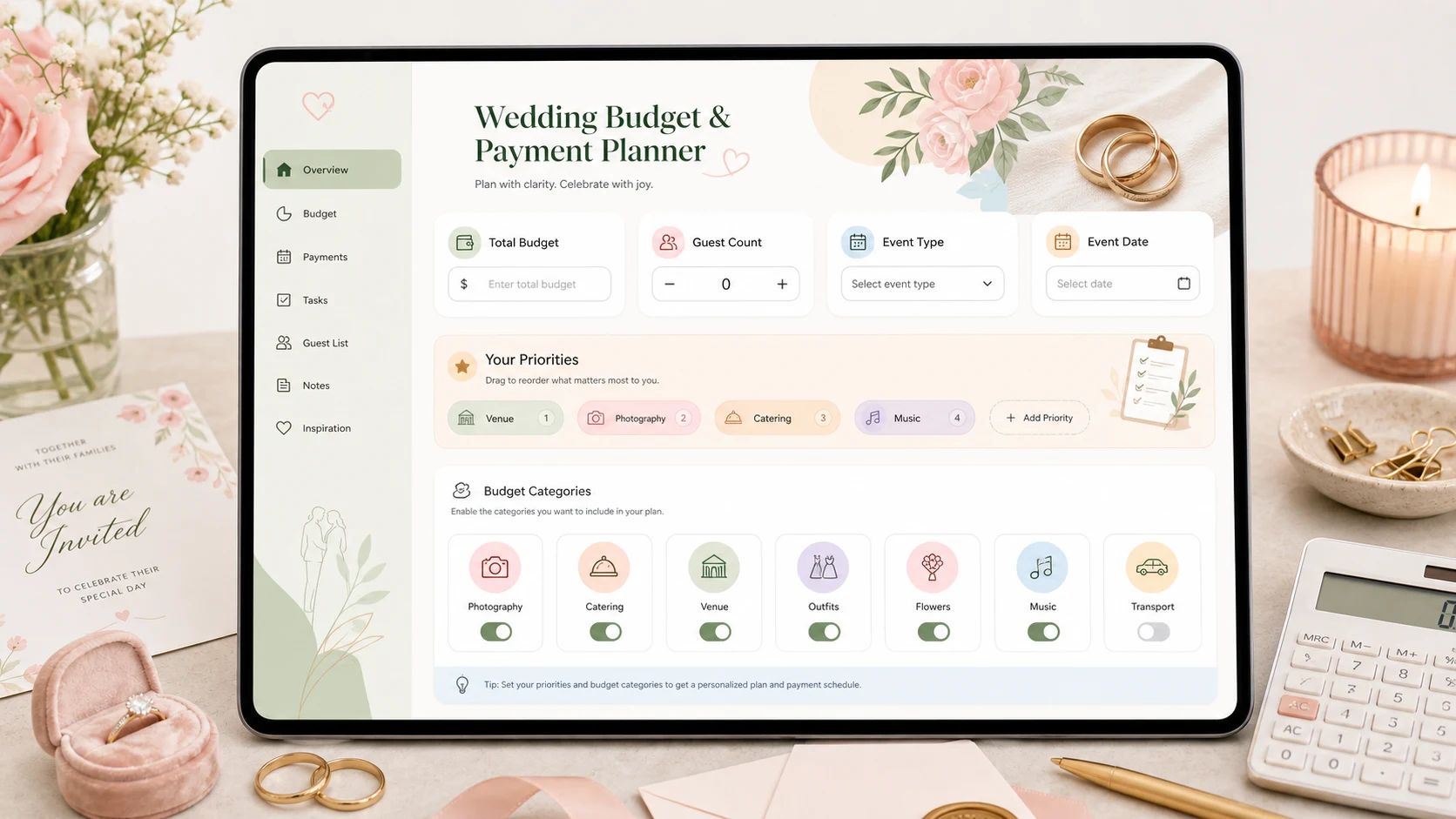 Wedding Budget and Payment Planner input screen with budget, guest count, event type, priority, and budget categories