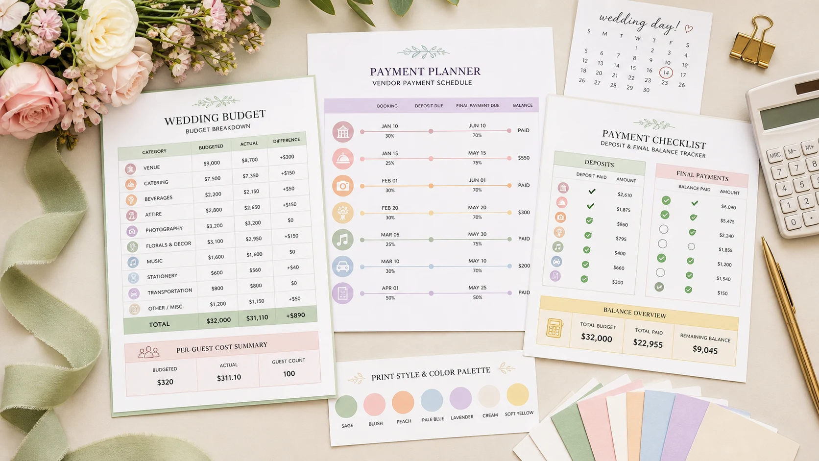 Printable Wedding Budget and Payment Planner sheets with payment timeline, vendor checklist, and budget breakdown