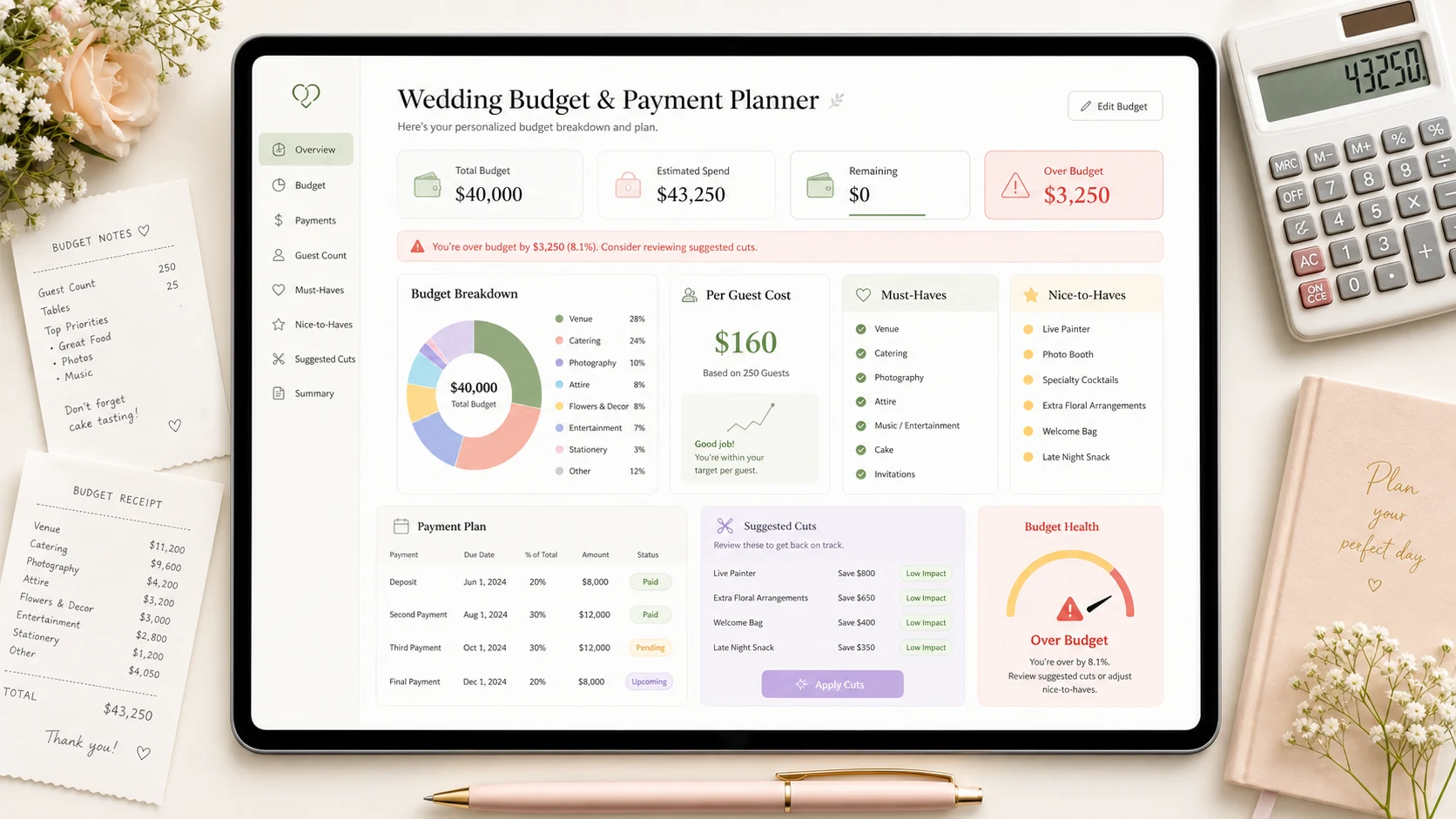 Wedding Budget and Payment Planner result dashboard with category breakdown, guest cost, must-have list, nice-to-have list, and cut suggestions