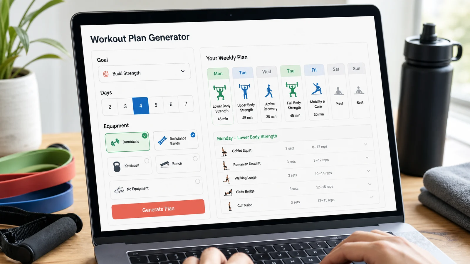Workout Plan Generator form showing goal, days per week, equipment, and a weekly preview