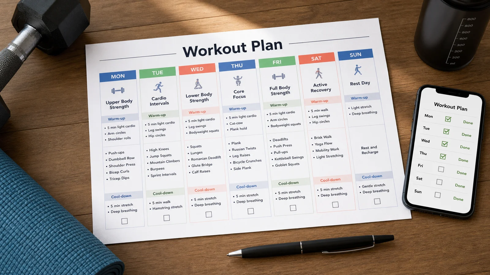 Printable workout plan beside a phone checklist and home gym equipment