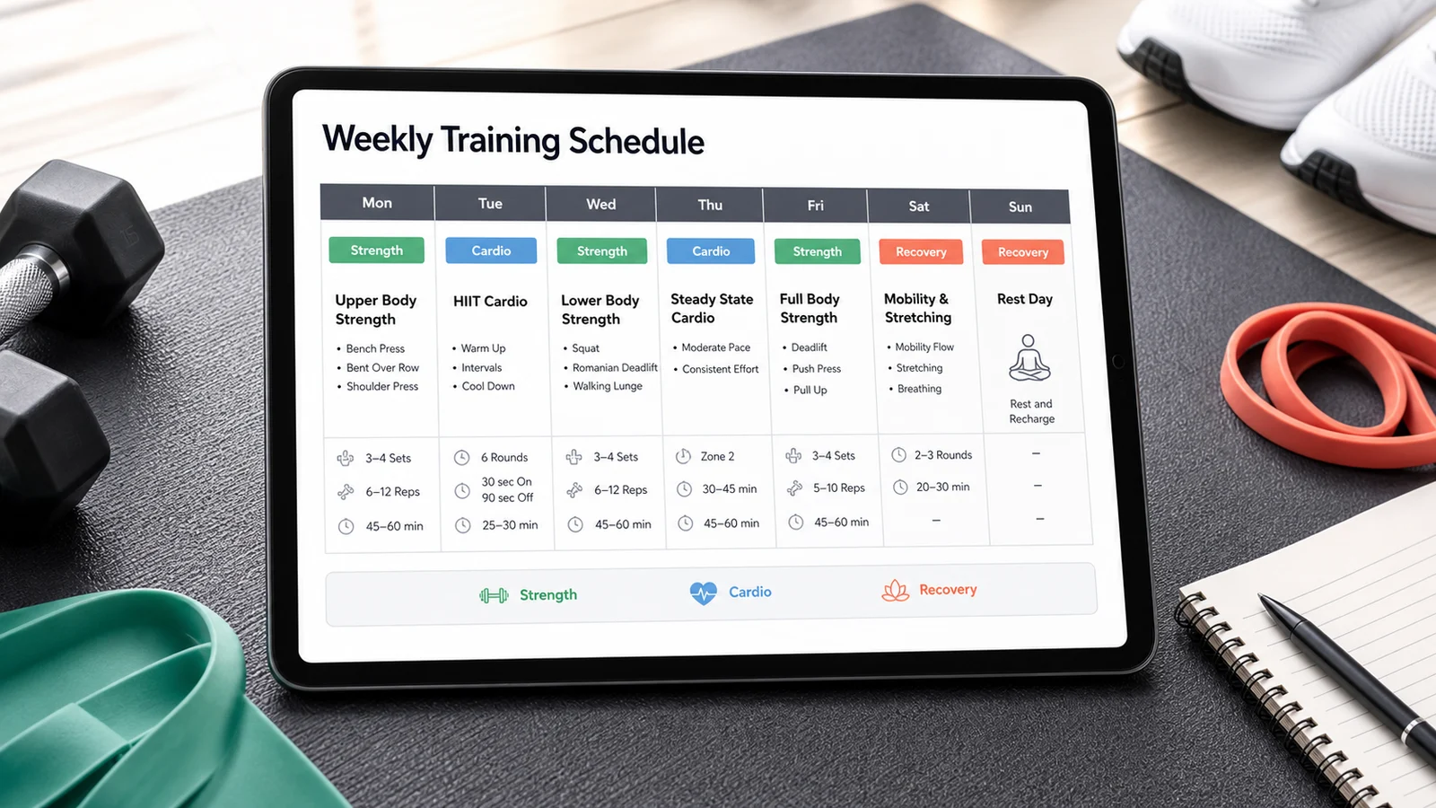 Generated weekly training schedule with strength, cardio, and recovery days