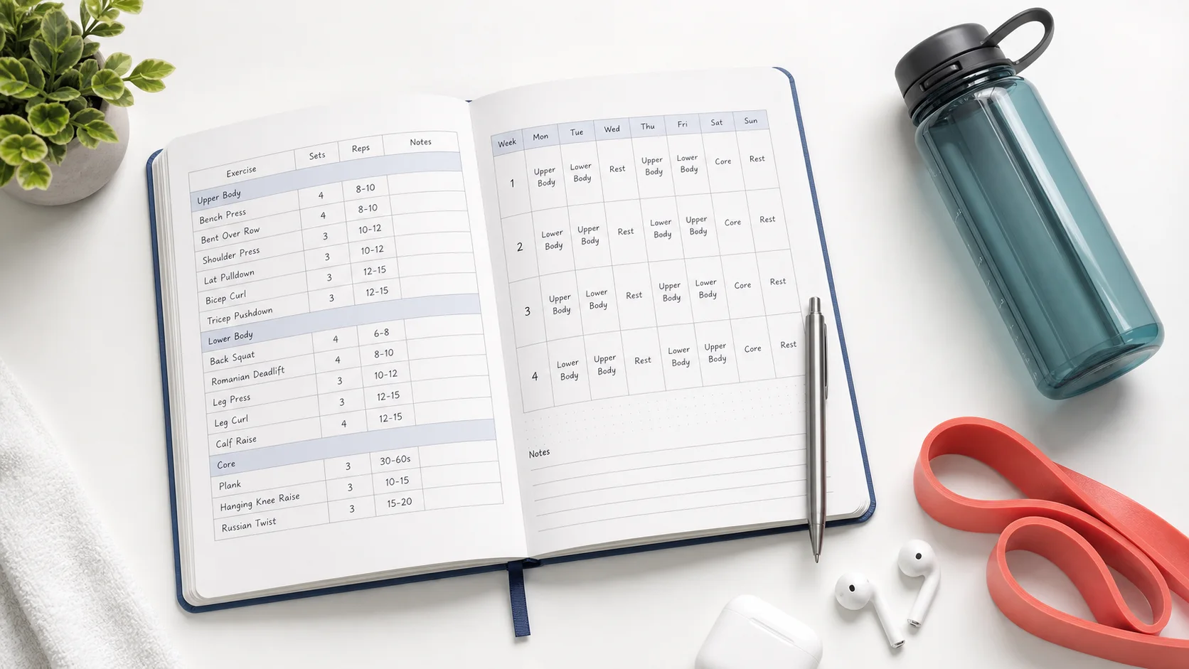 A gym notebook open to a workout plan page beside a water bottle and resistance band