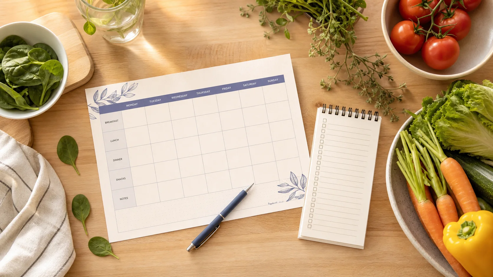 A kitchen table with a printed weekly meal plan and a small grocery list notepad beside fresh vegetables