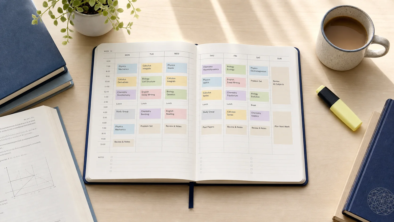 A desk with an open paper study planner showing a weekly schedule with color-coded subjects